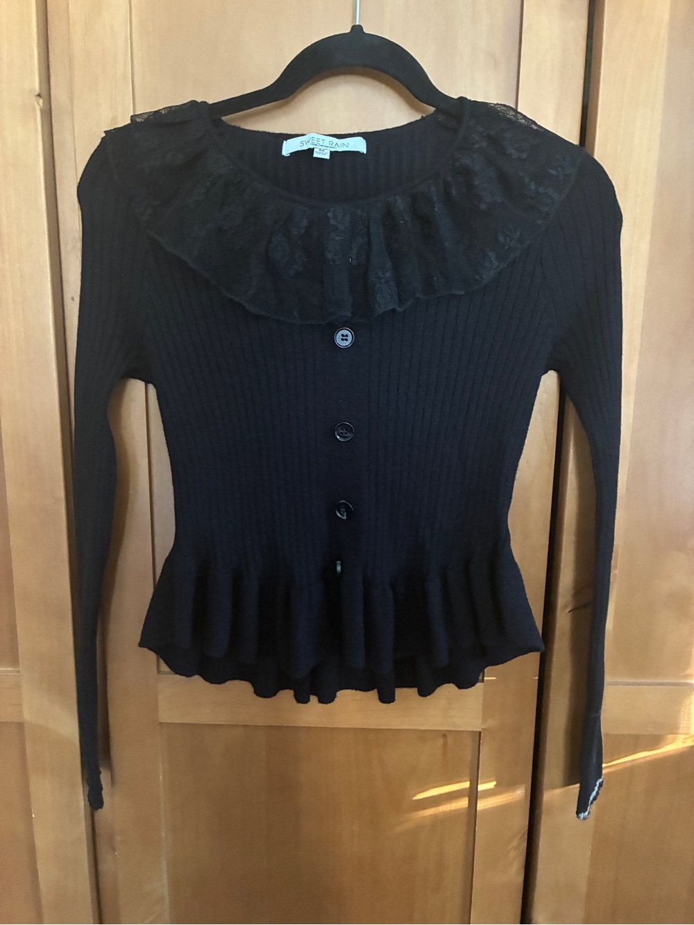Sweet Rain Black Lace Ruffle Ribbed Button-Up Top #85